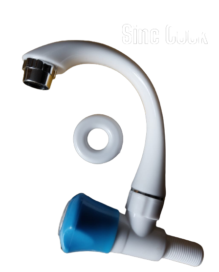 white plastic sink neck faucet with a blue handle