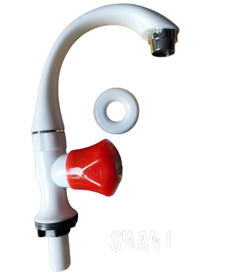 white plastic swan neck faucet with a red handle